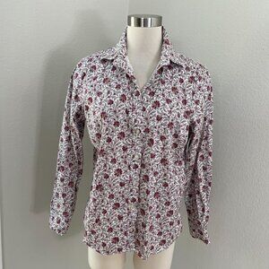 Lands End Womens 12P No Iron Pinpoint Oxford‎ Floral Long Sleeve Shirt Blouse